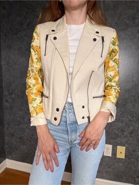 Cream Twill Moto Jacket with Floral Print Sleeves